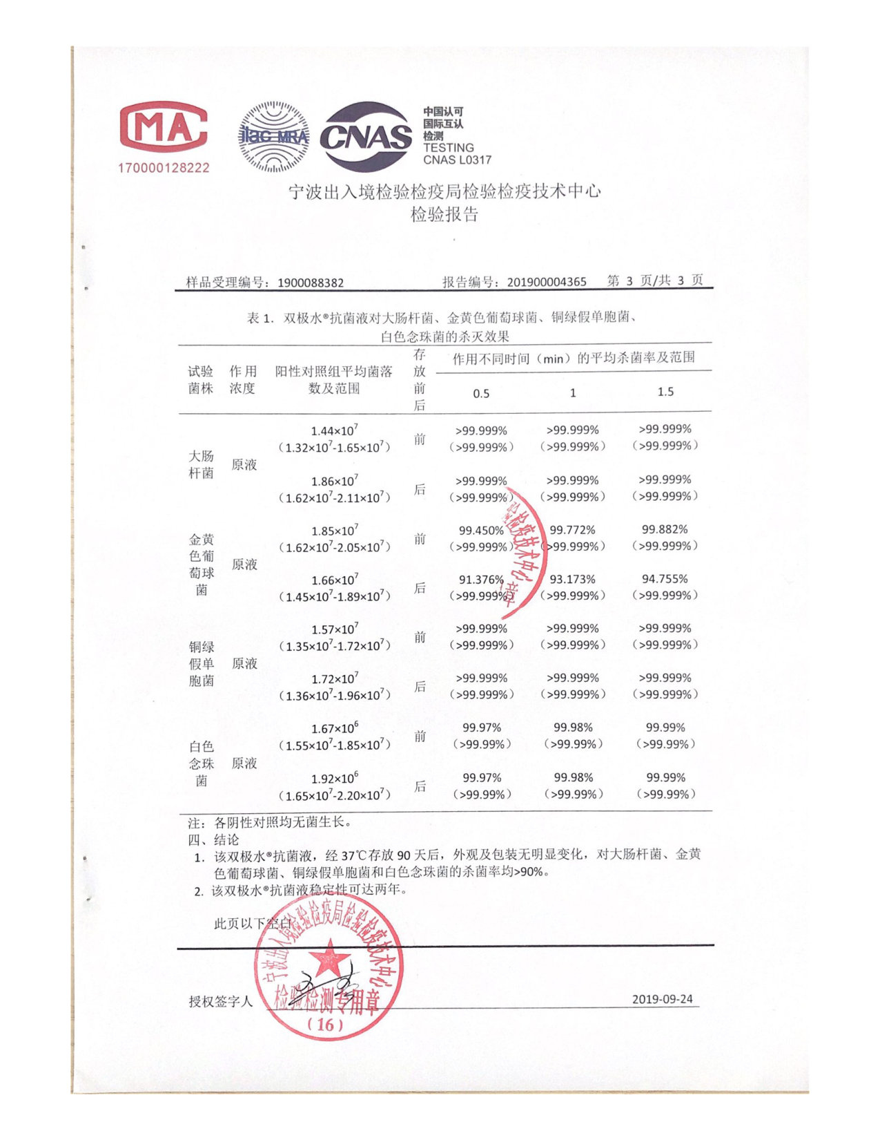 双极水抗菌液检测报告