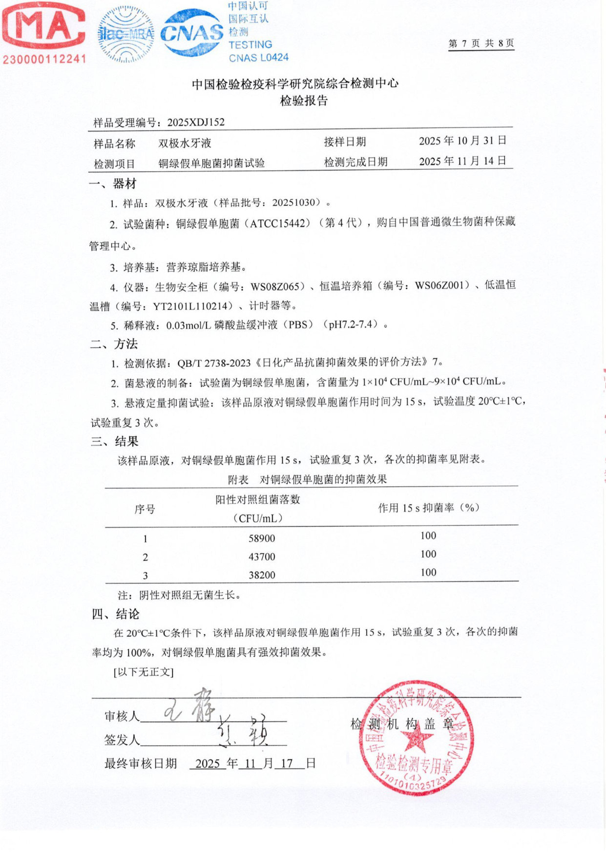 双极水牙液检测报告