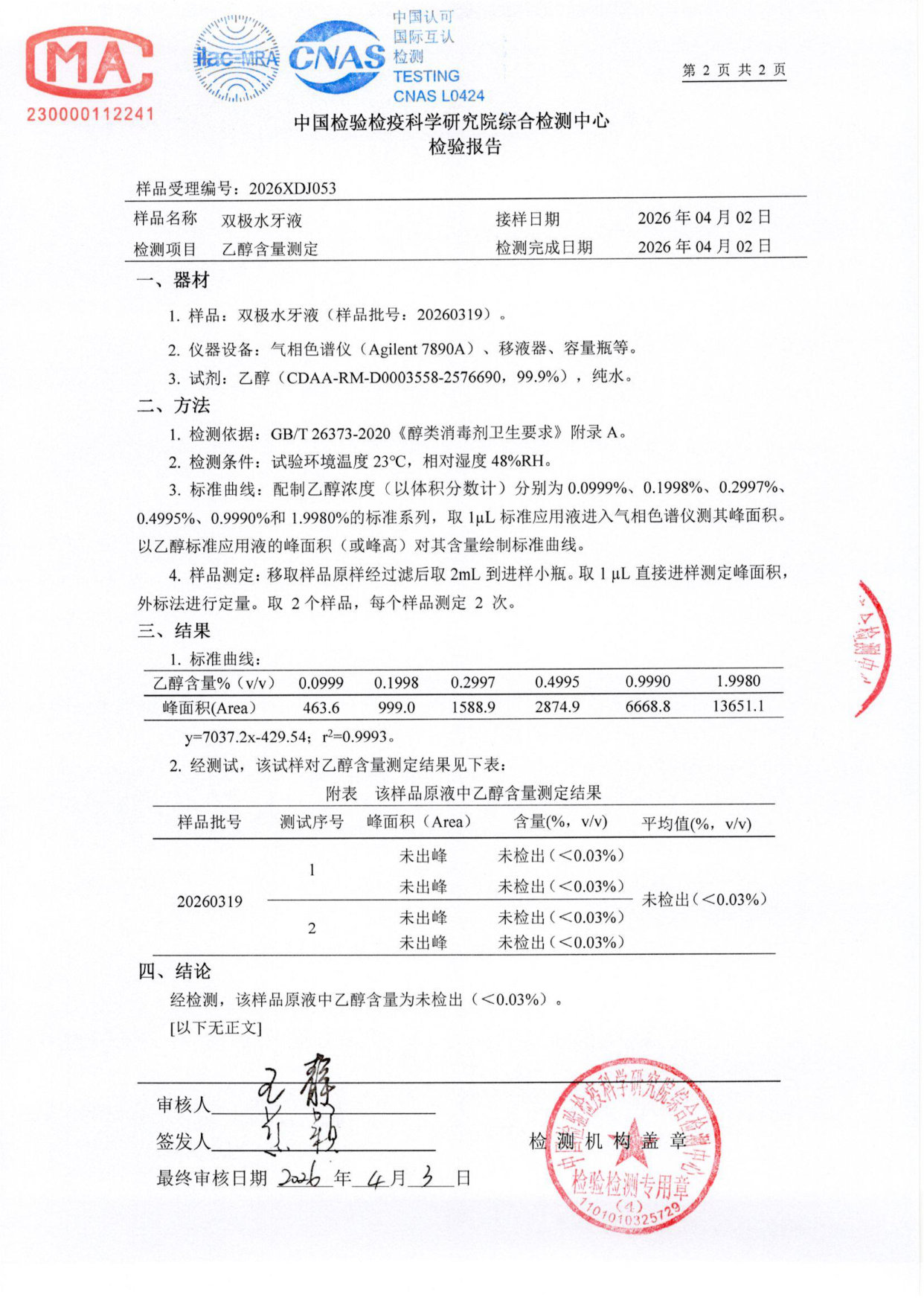 双极水牙液检测报告