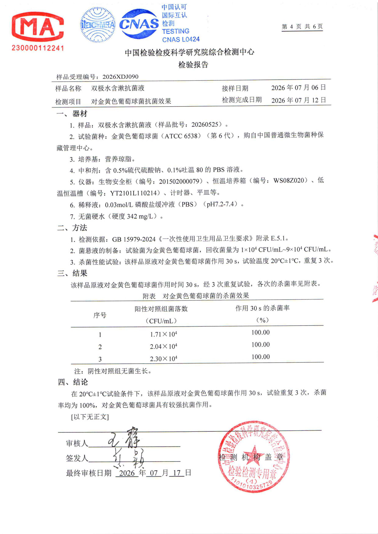 双极水含漱抗菌液检测报告