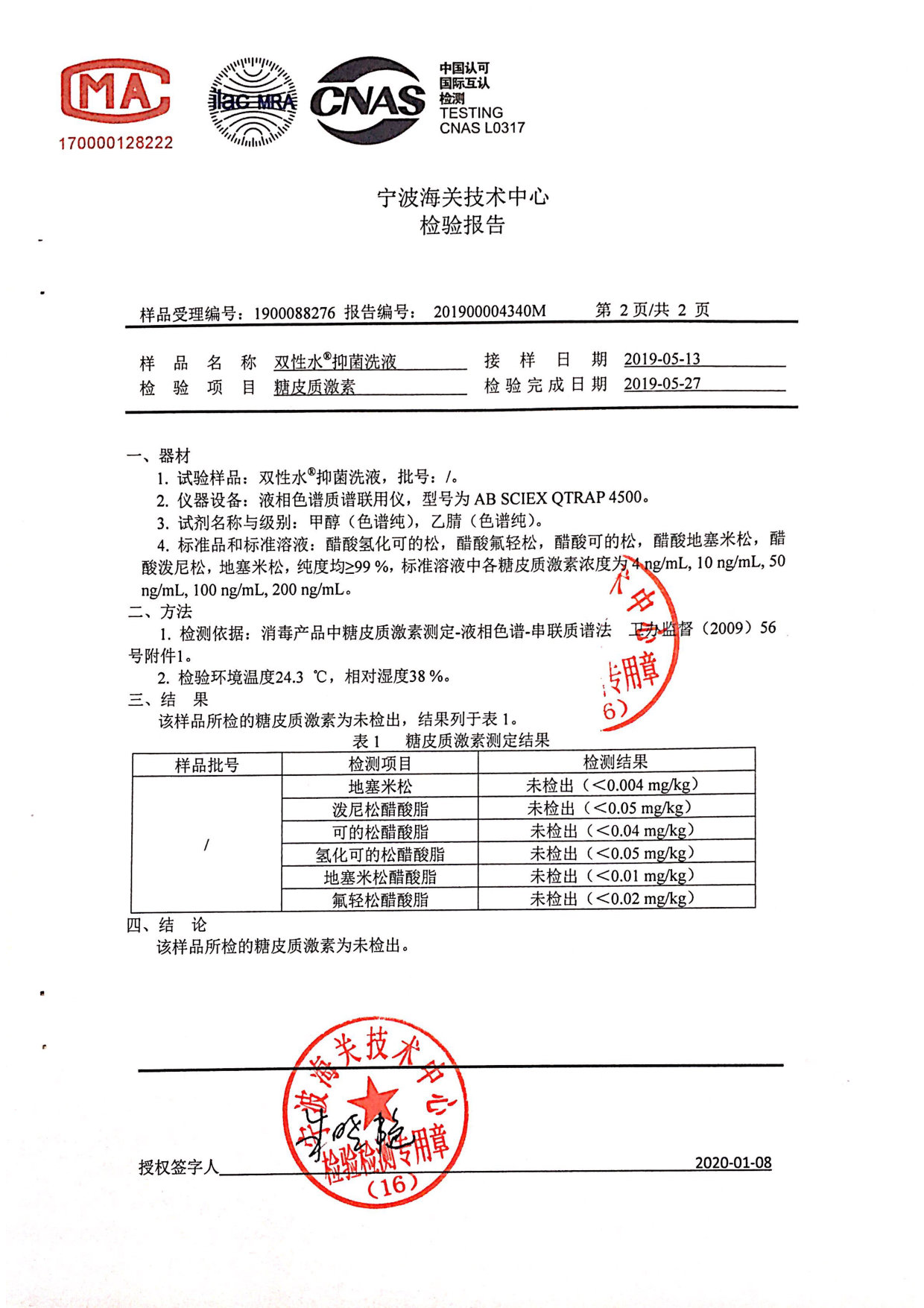 双性水抑菌洗液检测报告