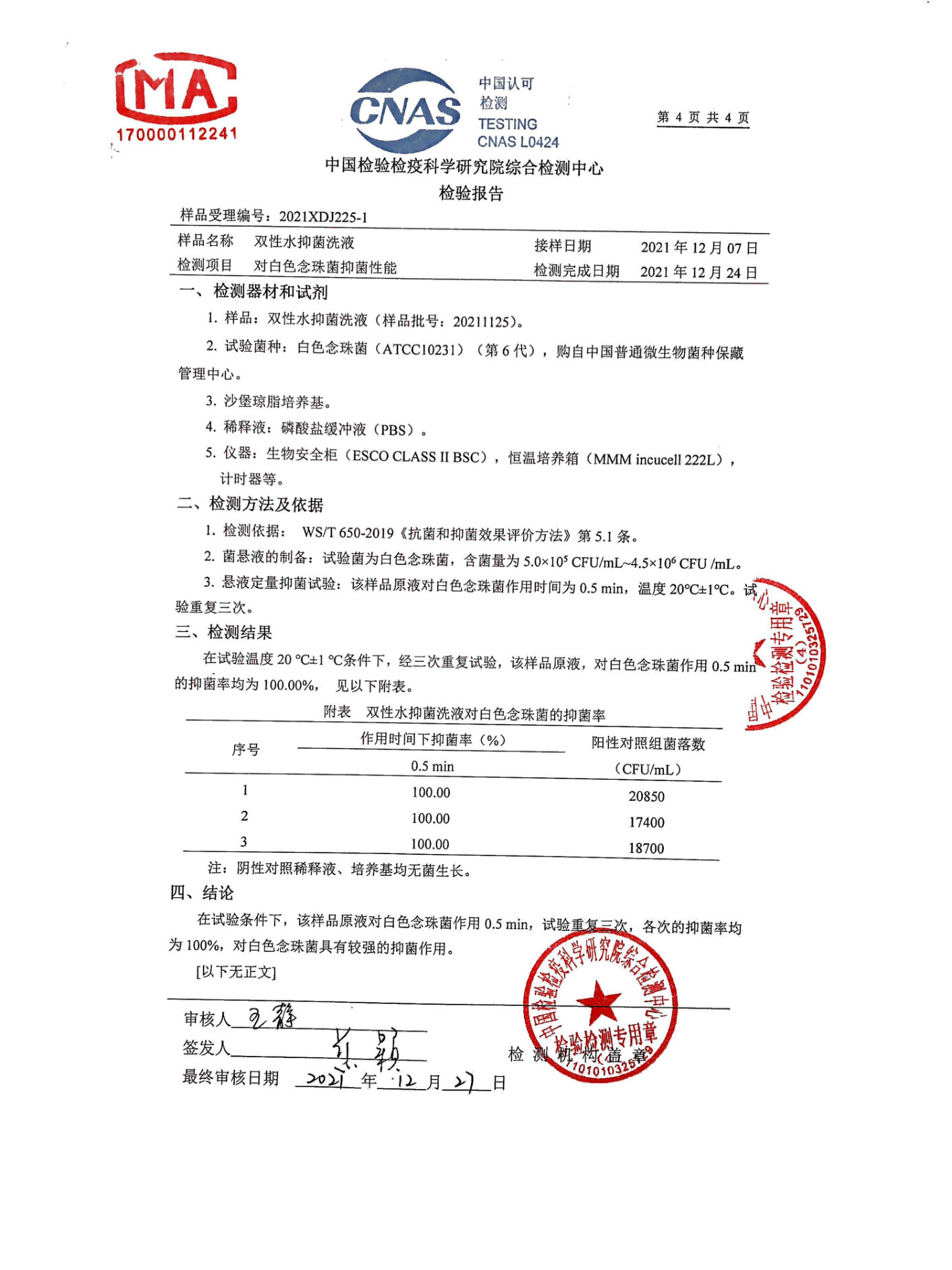 双性水抑菌洗液检测报告
